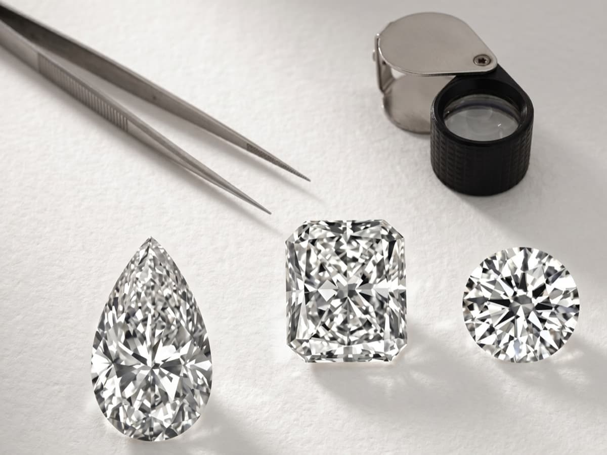 A pear, a radiant and a round brilliant laid out on a pale ground with tweezers and a loupe