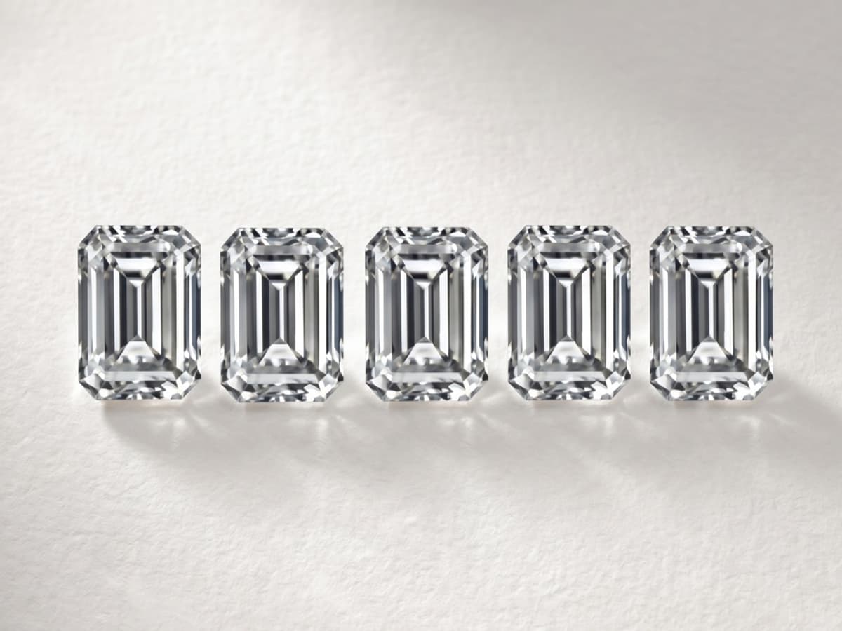 Five emerald cuts lined up in a row so their proportions can be compared against one another